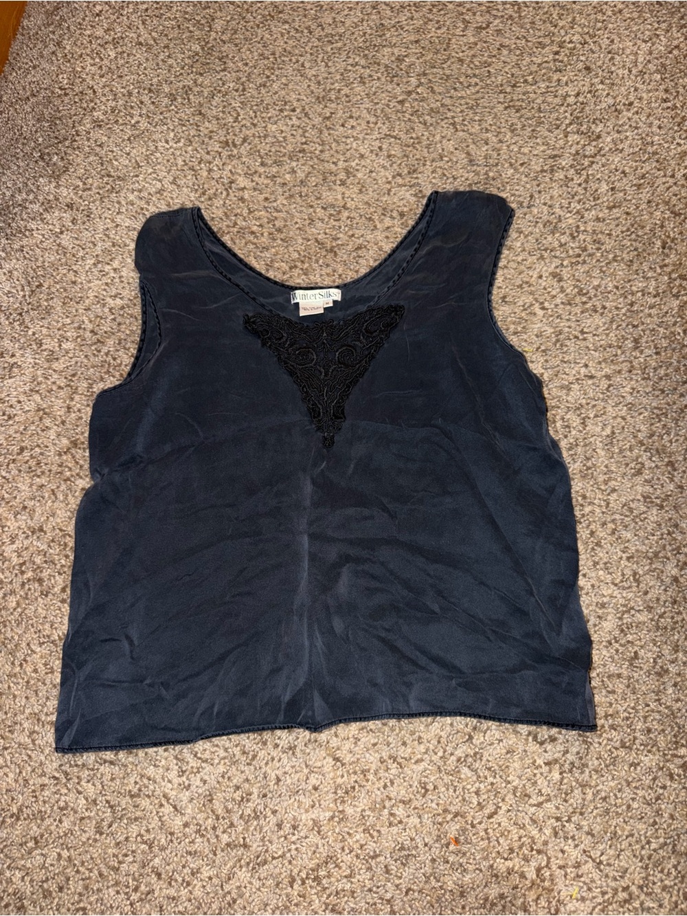WinterSilks Black Silk Tank with Lace Triangle Inset